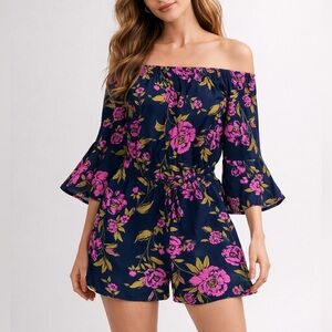 Express navy purple floral bell sleeve romper ❤️
